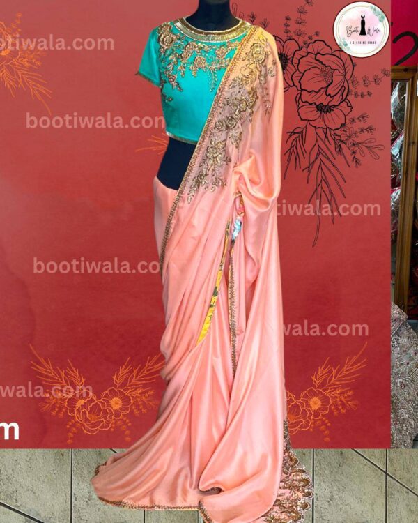 Satin Peach Party Wear Designer Saree