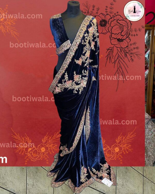 Navy Blue Velvet Designer Saree