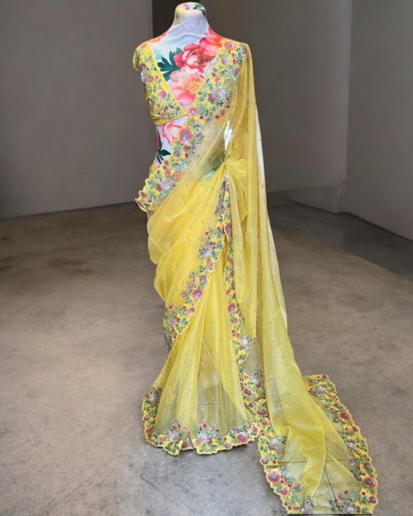 Yellow Organza Silk Designer Saree