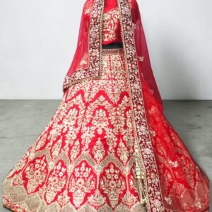 Red Silk Heavy Zari Embroidered Bridal Lehenga Choli Set with Net Dupatta